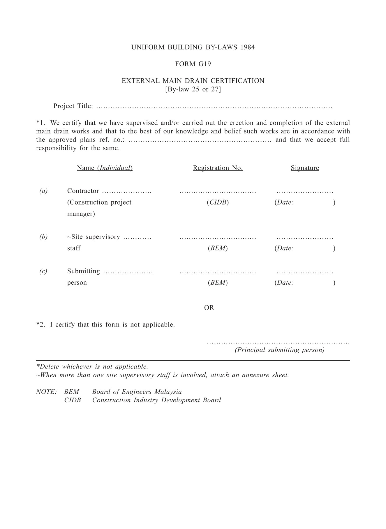 Form G19 EXTERNAL MAIN DRAIN CERTIFICATION